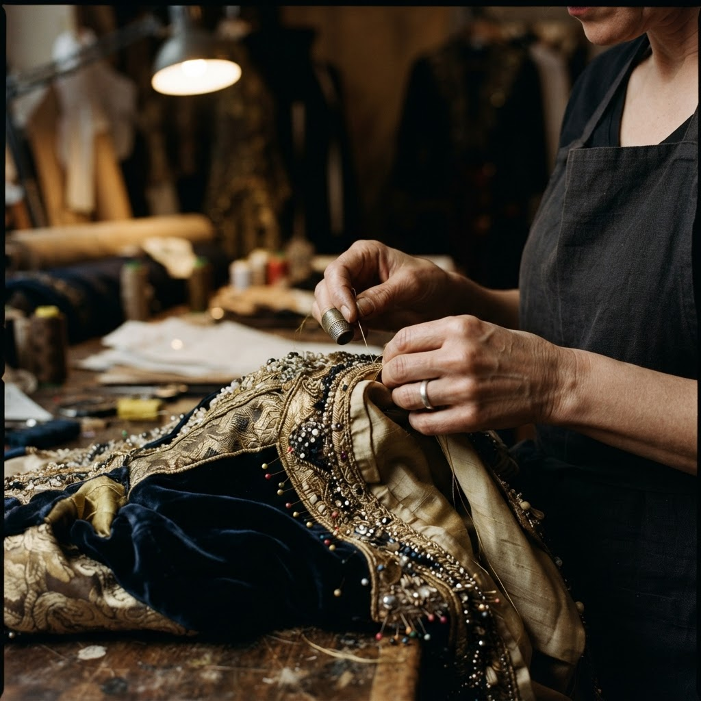 Hands working on a custom garment in the QUEVOUX atelier
