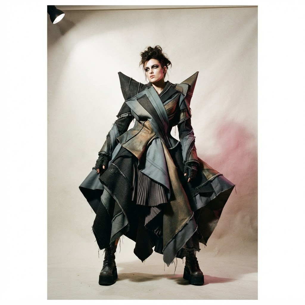 QUEVOUX editorial hero — a model in a dramatic sculptural couture costume